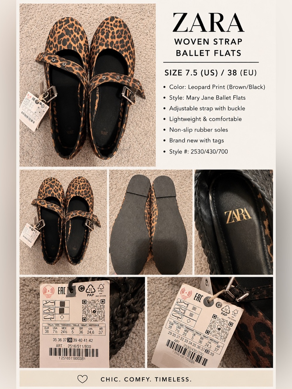 ZARA Leopard Print Mary Jane Flats - Brown/Black